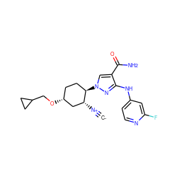 [C-]#[N+][C@@H]1C[C@H](OCC2CC2)CC[C@H]1n1cc(C(N)=O)c(Nc2ccnc(F)c2)n1 ZINC000261097161