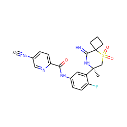 [C-]#[N+]c1ccc(C(=O)Nc2ccc(F)c([C@]3(C)CS(=O)(=O)C4(CCC4)C(=N)N3)c2)nc1 ZINC001772649765