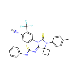 [C-]#[N+]c1ccc(N2C(=S)N(c3ccc(C)cc3)C3(CCC3)/C2=N/C(=S)Nc2ccccc2)cc1C(F)(F)F ZINC000167738727