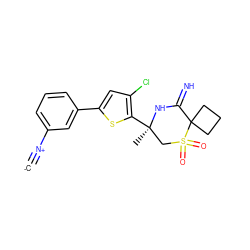 [C-]#[N+]c1cccc(-c2cc(Cl)c([C@]3(C)CS(=O)(=O)C4(CCC4)C(=N)N3)s2)c1 ZINC001772628188