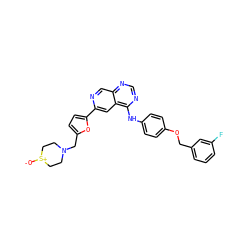 [O-][S+]1CCN(Cc2ccc(-c3cc4c(Nc5ccc(OCc6cccc(F)c6)cc5)ncnc4cn3)o2)CC1 ZINC000138152391