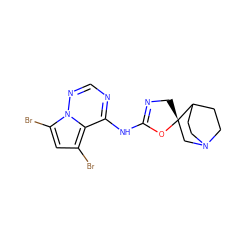 Brc1cc(Br)n2ncnc(NC3=NC[C@@]4(CN5CCC4CC5)O3)c12 ZINC001772630920