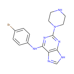 Brc1ccc(Nc2nc(N3CCNCC3)nc3[nH]cnc23)cc1 ZINC000053312397