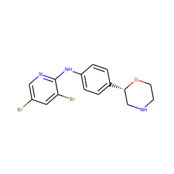 Brc1cnc(Nc2ccc([C@H]3CNCCO3)cc2)c(Br)c1 ZINC000149982043