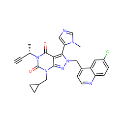 C#C[C@H](C)n1c(=O)c2c(-c3cncn3C)n(Cc3ccnc4ccc(Cl)cc34)nc2n(CC2CC2)c1=O ZINC000084740442