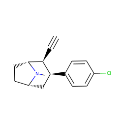 C#C[C@H]1[C@@H](c2ccc(Cl)cc2)C[C@@H]2CC[C@H]1N2C ZINC000040829069