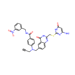 C#CCN(Cc1ccc2nc(CSc3nc(N)cc(=O)[nH]3)[nH]c(=O)c2c1)c1ccc(C(=O)NCc2cccc([N+](=O)[O-])c2)cc1 ZINC000027754350