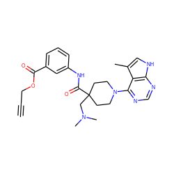 C#CCOC(=O)c1cccc(NC(=O)C2(CN(C)C)CCN(c3ncnc4[nH]cc(C)c34)CC2)c1 ZINC000473113009