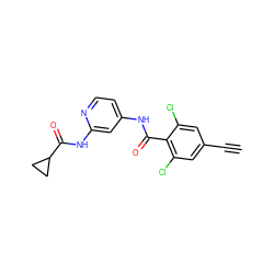 C#Cc1cc(Cl)c(C(=O)Nc2ccnc(NC(=O)C3CC3)c2)c(Cl)c1 ZINC000096928695