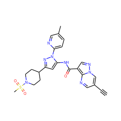 C#Cc1cnc2c(C(=O)Nc3cc(C4CCN(S(C)(=O)=O)CC4)nn3-c3ccc(C)cn3)cnn2c1 ZINC000219135122