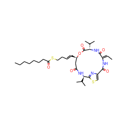 C/C=C1\NC(=O)c2csc(n2)[C@@H](C(C)C)NC(=O)C[C@@H](/C=C/CCSC(=O)CCCCCCC)OC(=O)[C@H](C(C)C)NC1=O ZINC000473121667