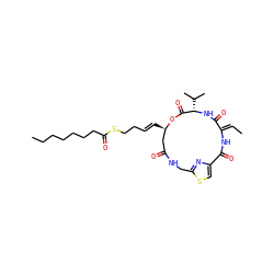 C/C=C1\NC(=O)c2csc(n2)CNC(=O)C[C@@H](/C=C/CCSC(=O)CCCCCCC)OC(=O)[C@H](C(C)C)NC1=O ZINC000150085512