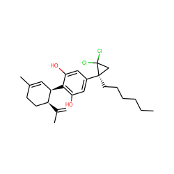 C=C(C)[C@H]1CCC(C)=C[C@H]1c1c(O)cc([C@]2(CCCCCC)CC2(Cl)Cl)cc1O ZINC000013819860