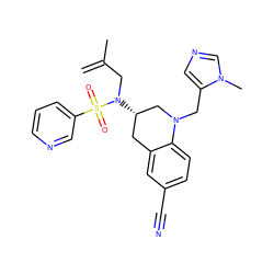 C=C(C)CN([C@H]1Cc2cc(C#N)ccc2N(Cc2cncn2C)C1)S(=O)(=O)c1cccnc1 ZINC000028355318