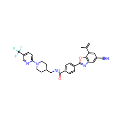 C=C(C)c1cc(C#N)cc2nc(-c3ccc(C(=O)NCC4CCN(c5ccc(C(F)(F)F)cn5)CC4)cc3)oc12 ZINC000066076453