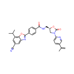 C=C(C)c1ccc(N2C[C@@H](CNC(=O)c3ccc(-c4nc5cc(C#N)cc(C(C)C)c5o4)cc3)OC2=O)nc1 ZINC000071341684