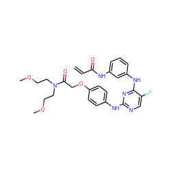 C=CC(=O)Nc1cccc(Nc2nc(Nc3ccc(OCC(=O)N(CCOC)CCOC)cc3)ncc2F)c1 ZINC001772597294