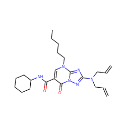 C=CCN(CC=C)c1nc2n(CCCCC)cc(C(=O)NC3CCCCC3)c(=O)n2n1 ZINC000653738980