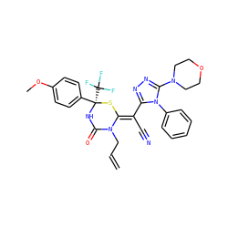 C=CCN1C(=O)N[C@](c2ccc(OC)cc2)(C(F)(F)F)S/C1=C(/C#N)c1nnc(N2CCOCC2)n1-c1ccccc1 ZINC000059796502