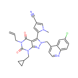 C=CCn1c(=O)c2c(-c3cc(C#N)cn3C)n(Cc3ccnc4ccc(Cl)cc34)nc2n(CC2CC2)c1=O ZINC000084732567