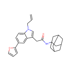 C=CCn1cc(CC(=O)NC23CC4CC(CC(C4)C2)C3)c2cc(-c3ccco3)ccc21 ZINC000084740408