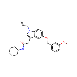 C=CCn1cc(CC(=O)NC2CCCCC2)c2cc(OCc3cccc(OC)c3)ccc21 ZINC000084730469