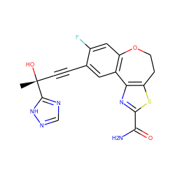 C[C@@](O)(C#Cc1cc2c(cc1F)OCCc1sc(C(N)=O)nc1-2)c1ncn[nH]1 ZINC000219493348