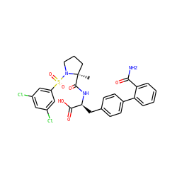 C[C@@]1(C(=O)N[C@@H](Cc2ccc(-c3ccccc3C(N)=O)cc2)C(=O)O)CCCN1S(=O)(=O)c1cc(Cl)cc(Cl)c1 ZINC000026649110