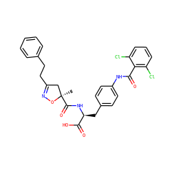 C[C@@]1(C(=O)N[C@@H](Cc2ccc(NC(=O)c3c(Cl)cccc3Cl)cc2)C(=O)O)CC(CCc2ccccc2)=NO1 ZINC000059629602