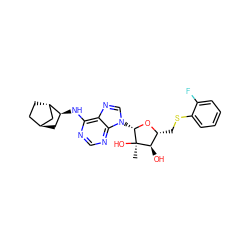 C[C@@]1(O)[C@H](O)[C@@H](CSc2ccccc2F)O[C@H]1n1cnc2c(N[C@H]3C[C@H]4CC[C@H]3C4)ncnc21 ZINC000261142169