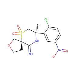 C[C@@]1(c2cc([N+](=O)[O-])ccc2Cl)CS(=O)(=O)[C@]2(CCOC2)C(=N)N1 ZINC000146656130