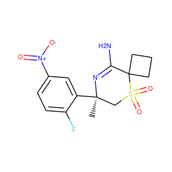 C[C@@]1(c2cc([N+](=O)[O-])ccc2F)CS(=O)(=O)C2(CCC2)C(N)=N1 ZINC000217749006