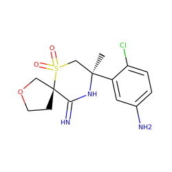 C[C@@]1(c2cc(N)ccc2Cl)CS(=O)(=O)[C@]2(CCOC2)C(=N)N1 ZINC000146656351