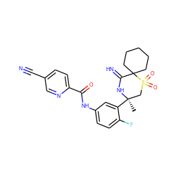 C[C@@]1(c2cc(NC(=O)c3ccc(C#N)cn3)ccc2F)CS(=O)(=O)C2(CCCCC2)C(=N)N1 ZINC000147259566