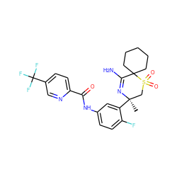 C[C@@]1(c2cc(NC(=O)c3ccc(C(F)(F)F)cn3)ccc2F)CS(=O)(=O)C2(CCCCC2)C(N)=N1 ZINC000217749140