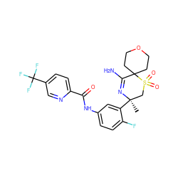 C[C@@]1(c2cc(NC(=O)c3ccc(C(F)(F)F)cn3)ccc2F)CS(=O)(=O)C2(CCOCC2)C(N)=N1 ZINC000207726142