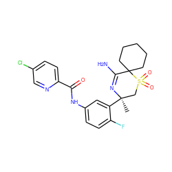 C[C@@]1(c2cc(NC(=O)c3ccc(Cl)cn3)ccc2F)CS(=O)(=O)C2(CCCCC2)C(N)=N1 ZINC000169335919