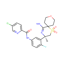 C[C@@]1(c2cc(NC(=O)c3ccc(Cl)cn3)ccc2F)CS(=O)(=O)C2(CCOCC2)C(N)=N1 ZINC000217751702