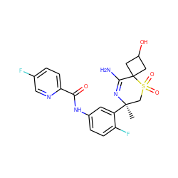 C[C@@]1(c2cc(NC(=O)c3ccc(F)cn3)ccc2F)CS(=O)(=O)C2(CC(O)C2)C(N)=N1 ZINC000207744594