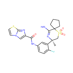 C[C@@]1(c2cc(NC(=O)c3cn4ccsc4n3)ccc2F)CS(=O)(=O)C2(CCCC2)C(N)=N1 ZINC000217742460