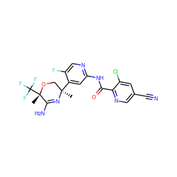 C[C@@]1(c2cc(NC(=O)c3ncc(C#N)cc3Cl)ncc2F)CO[C@@](C)(C(F)(F)F)C(N)=N1 ZINC000167685653