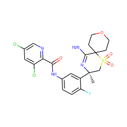 C[C@@]1(c2cc(NC(=O)c3ncc(Cl)cc3Cl)ccc2F)CS(=O)(=O)C2(CCOCC2)C(N)=N1 ZINC000207724244