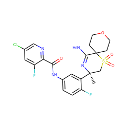 C[C@@]1(c2cc(NC(=O)c3ncc(Cl)cc3F)ccc2F)CS(=O)(=O)C2(CCOCC2)C(N)=N1 ZINC000207726203