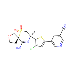 C[C@@]1(c2sc(-c3cncc(C#N)c3)cc2Cl)CS(=O)(=O)[C@]2(CCOC2)C(N)=N1 ZINC000207738117