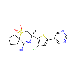 C[C@@]1(c2sc(-c3cncnc3)cc2Cl)CS(=O)(=O)C2(CCCC2)C(N)=N1 ZINC000207728718