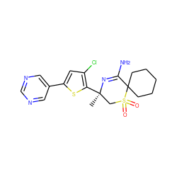 C[C@@]1(c2sc(-c3cncnc3)cc2Cl)CS(=O)(=O)C2(CCCCC2)C(N)=N1 ZINC000207731108