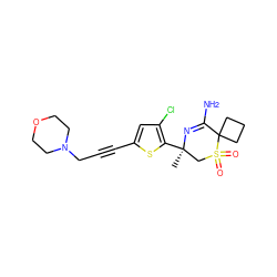 C[C@@]1(c2sc(C#CCN3CCOCC3)cc2Cl)CS(=O)(=O)C2(CCC2)C(N)=N1 ZINC000217747603