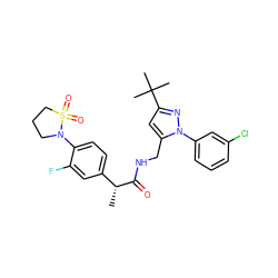 C[C@@H](C(=O)NCc1cc(C(C)(C)C)nn1-c1cccc(Cl)c1)c1ccc(N2CCCS2(=O)=O)c(F)c1 ZINC000113489052