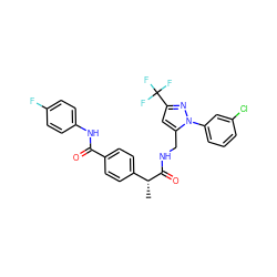 C[C@@H](C(=O)NCc1cc(C(F)(F)F)nn1-c1cccc(Cl)c1)c1ccc(C(=O)Nc2ccc(F)cc2)cc1 ZINC000113486572