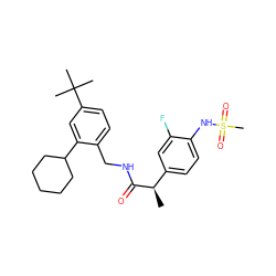 C[C@@H](C(=O)NCc1ccc(C(C)(C)C)cc1C1CCCCC1)c1ccc(NS(C)(=O)=O)c(F)c1 ZINC001772652356